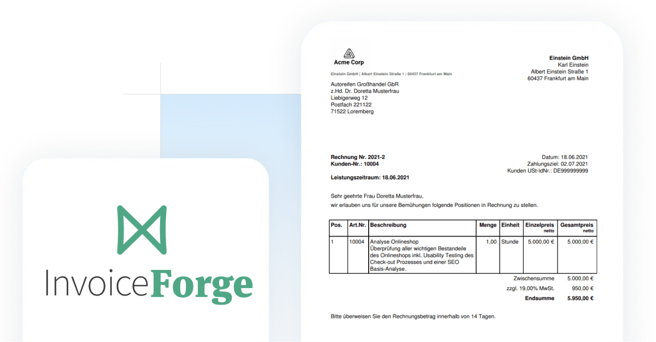 Invoiceforge Logo und Repräsentation einer E-Rechnung